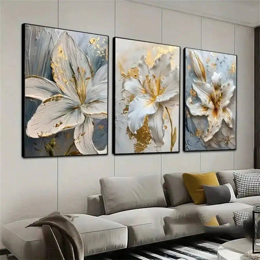 Abstract white & gold flower canvas wall art living room 3 panel decor