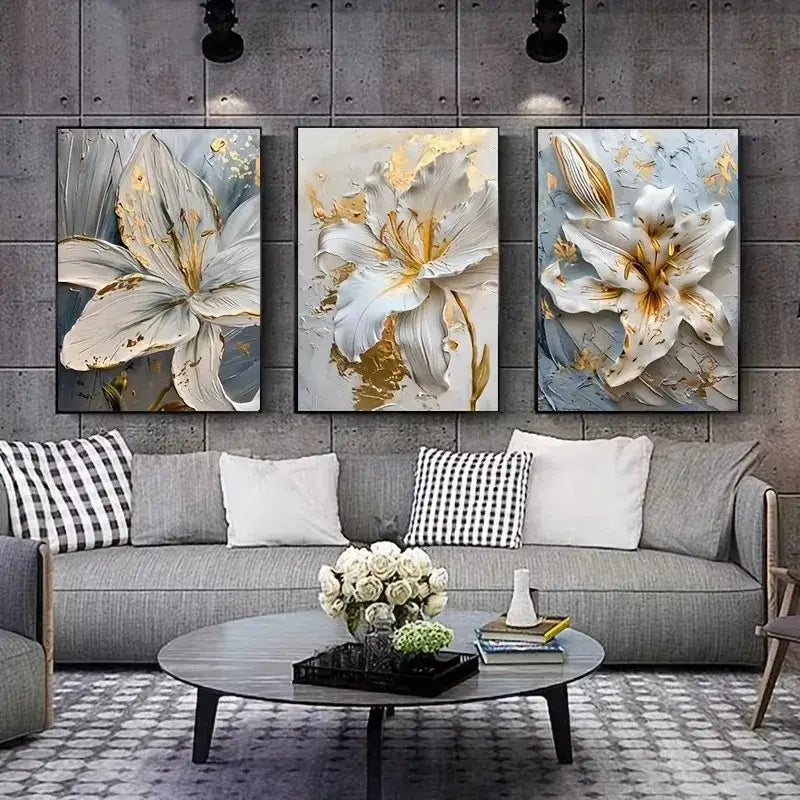 Abstract white & gold flower canvas wall art living room 3 panel decor