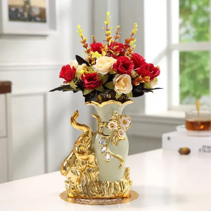 Elegant cream and gold elephant glass vase living room decor