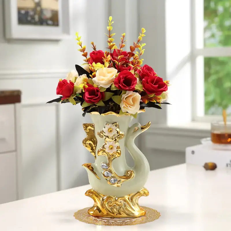 Elegant cream and gold elephant glass vase living room decor