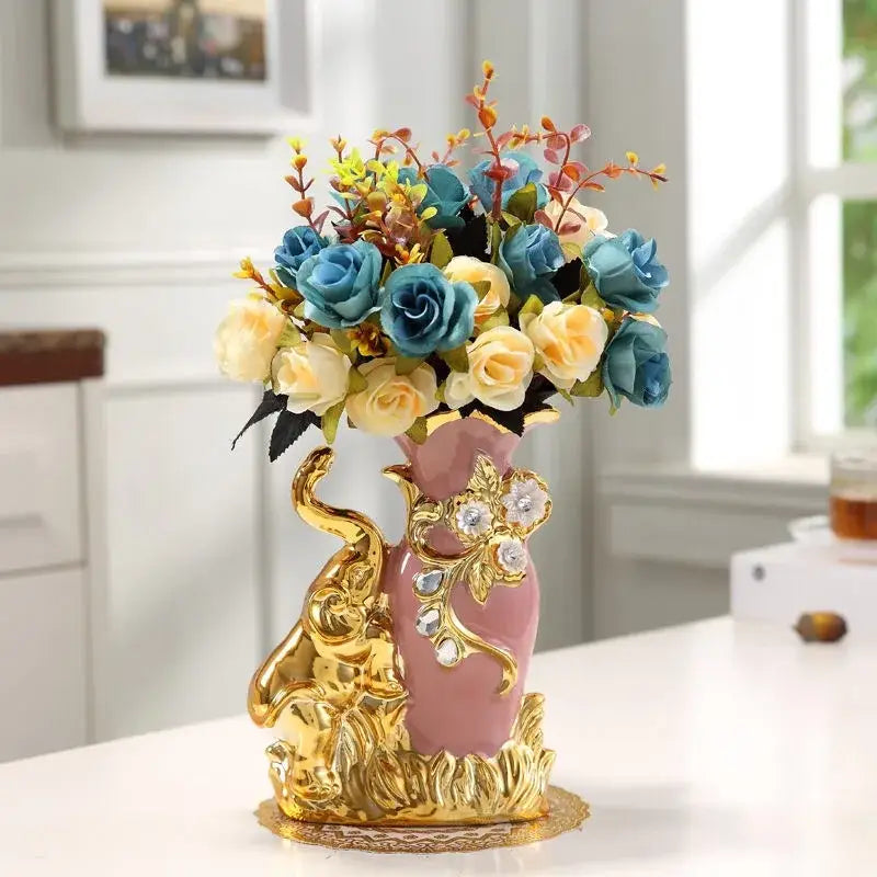 Elegant cream and gold elephant glass vase living room decor