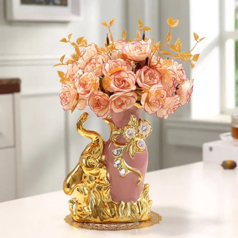 Elegant cream and gold elephant glass vase living room decor