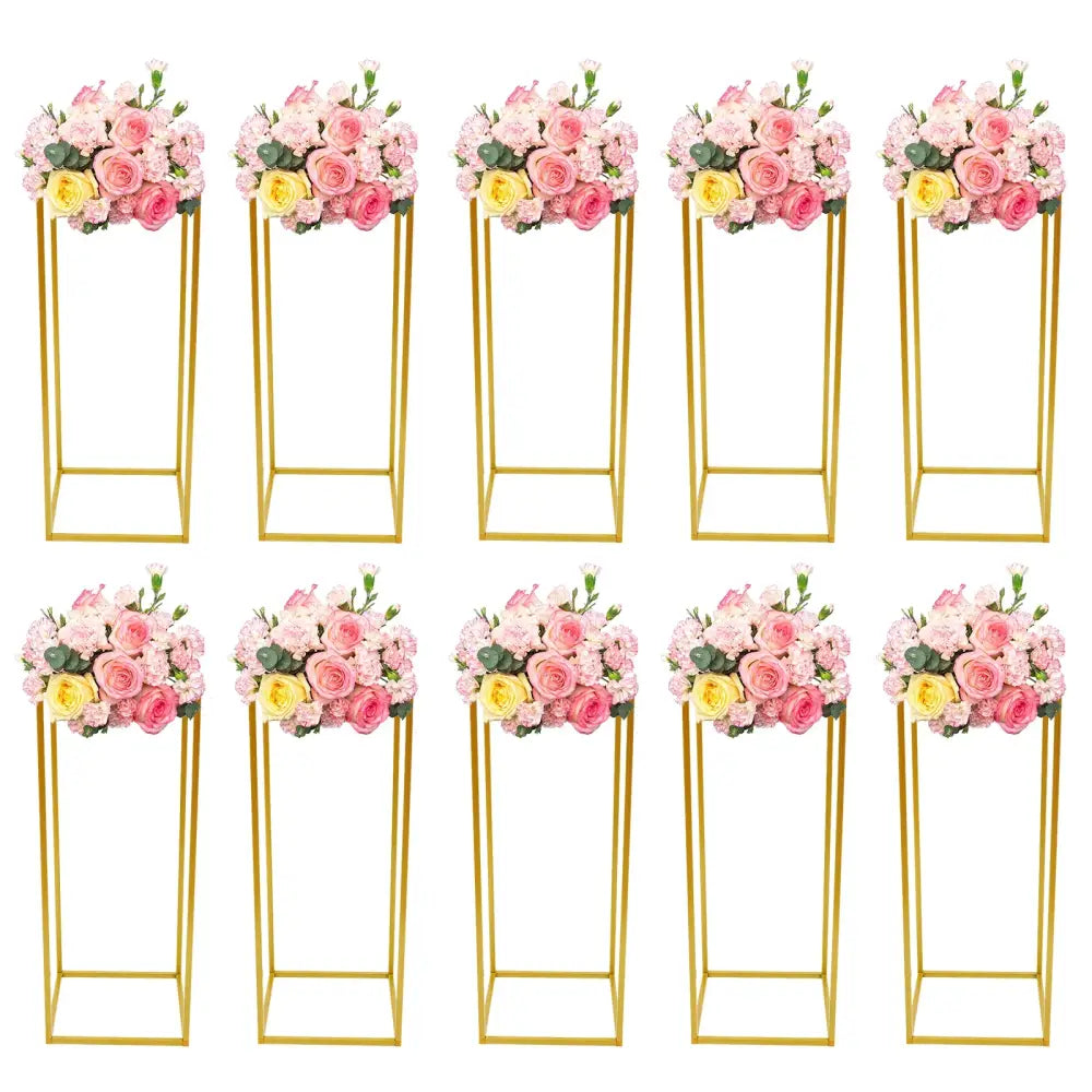 Gold metal wedding flower stand set with pink roses for dining room