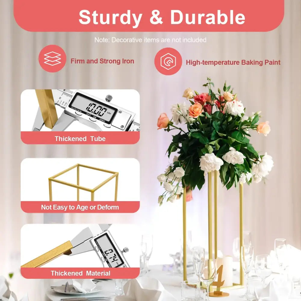 Gold metal wedding flower stand set with pink roses for dining room