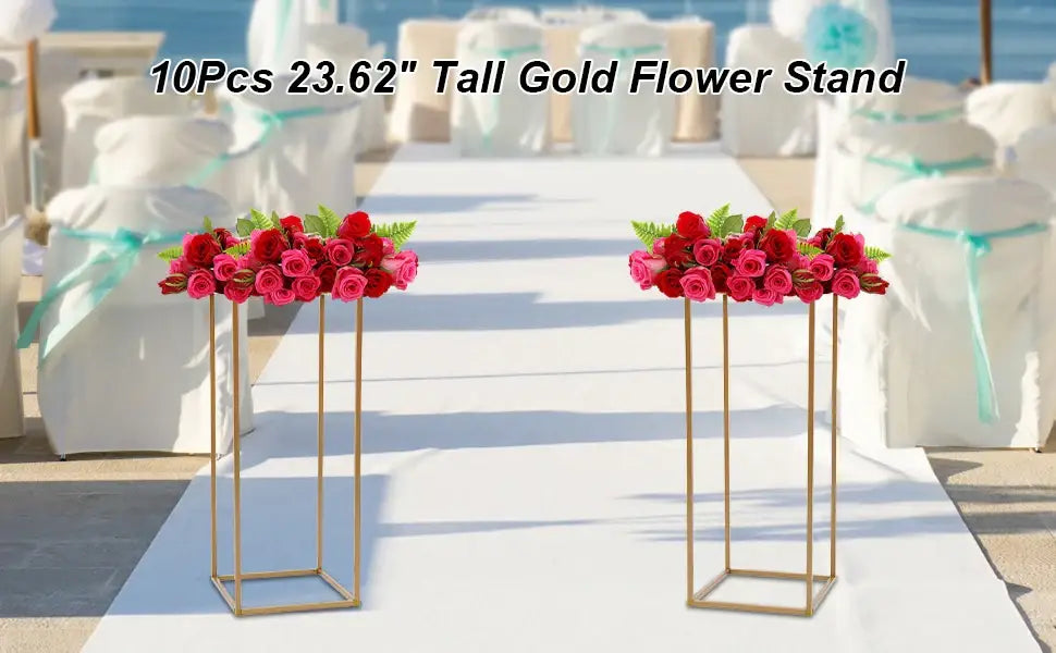 Gold metal wedding flower stand set with pink roses for dining room