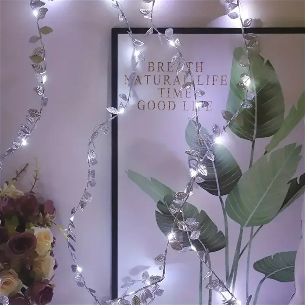 Golden silver tiny leaves fairy lights bedroom decor
