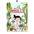 Botanical green plants and black cat framed wall art set living room
