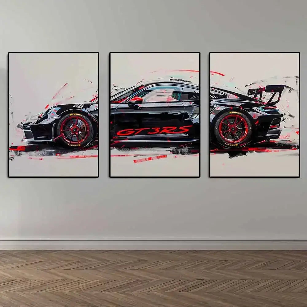 Modern black & red gt3 rs graffiti wall art living room triptych