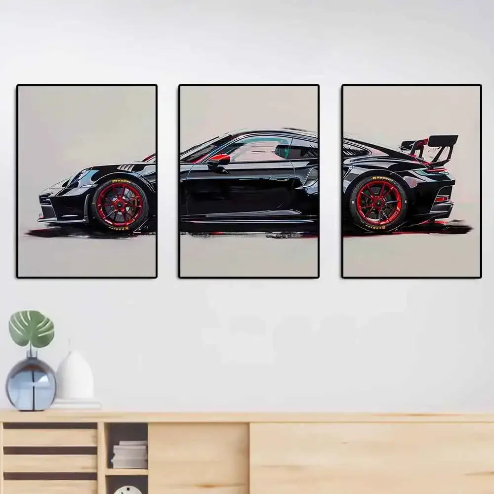 Modern black & red gt3 rs graffiti wall art living room triptych