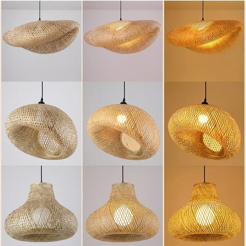 Boho natural bamboo pendant ceiling light dining room woven lamp