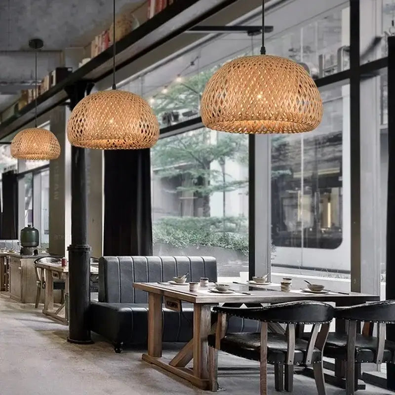 Boho natural bamboo pendant ceiling light dining room woven lamp