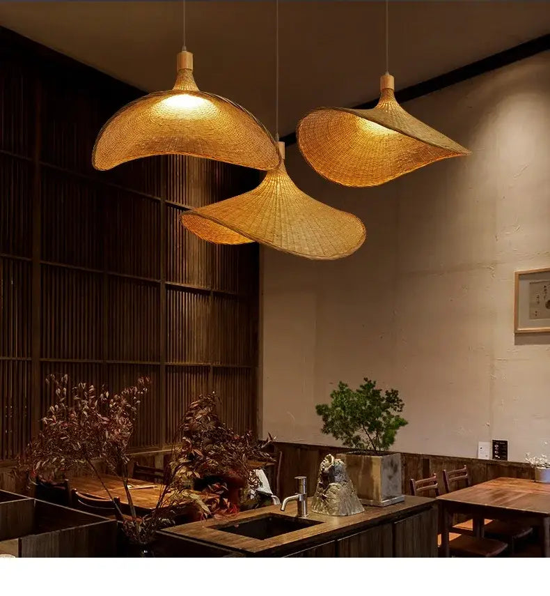 Boho natural bamboo pendant ceiling light dining room woven lamp