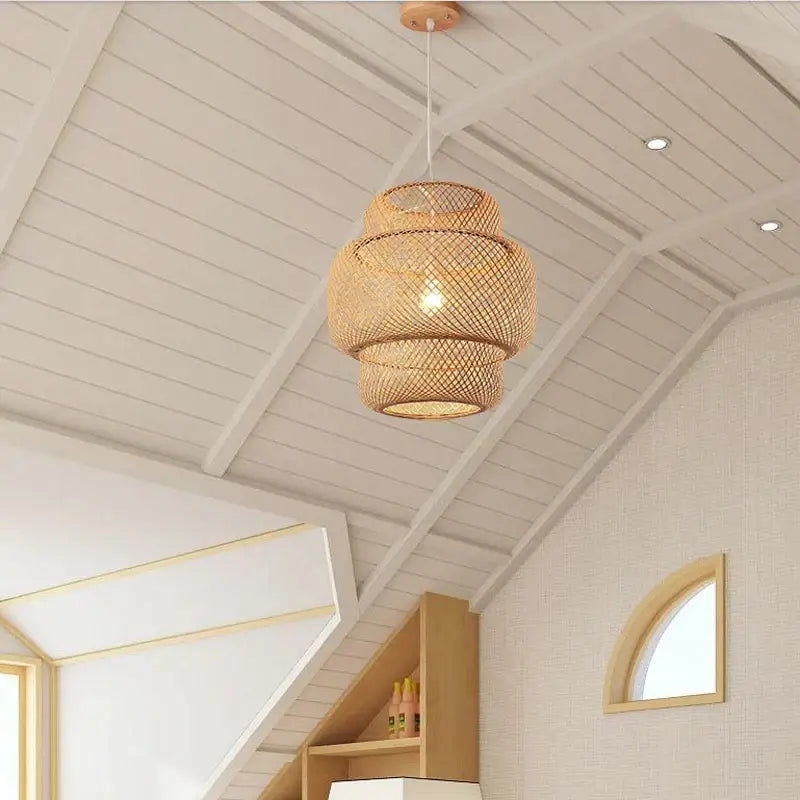 Boho natural bamboo pendant ceiling light dining room woven lamp