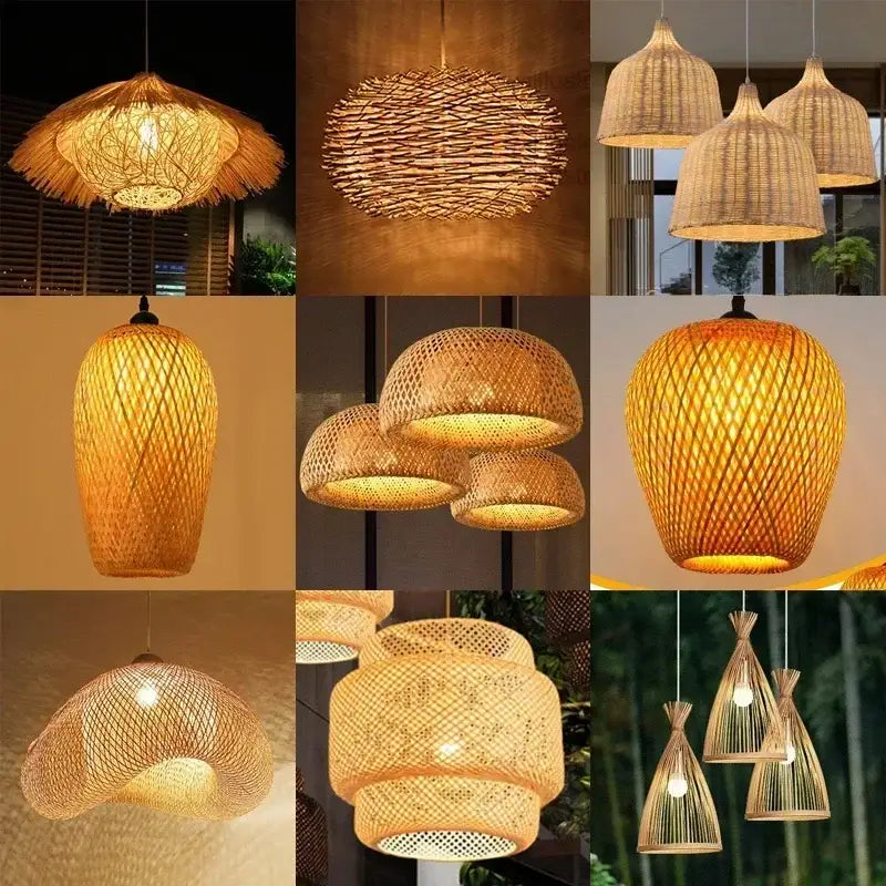 Boho natural bamboo pendant ceiling light dining room woven lamp
