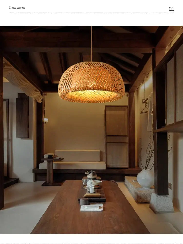 Boho natural bamboo pendant ceiling light dining room woven lamp