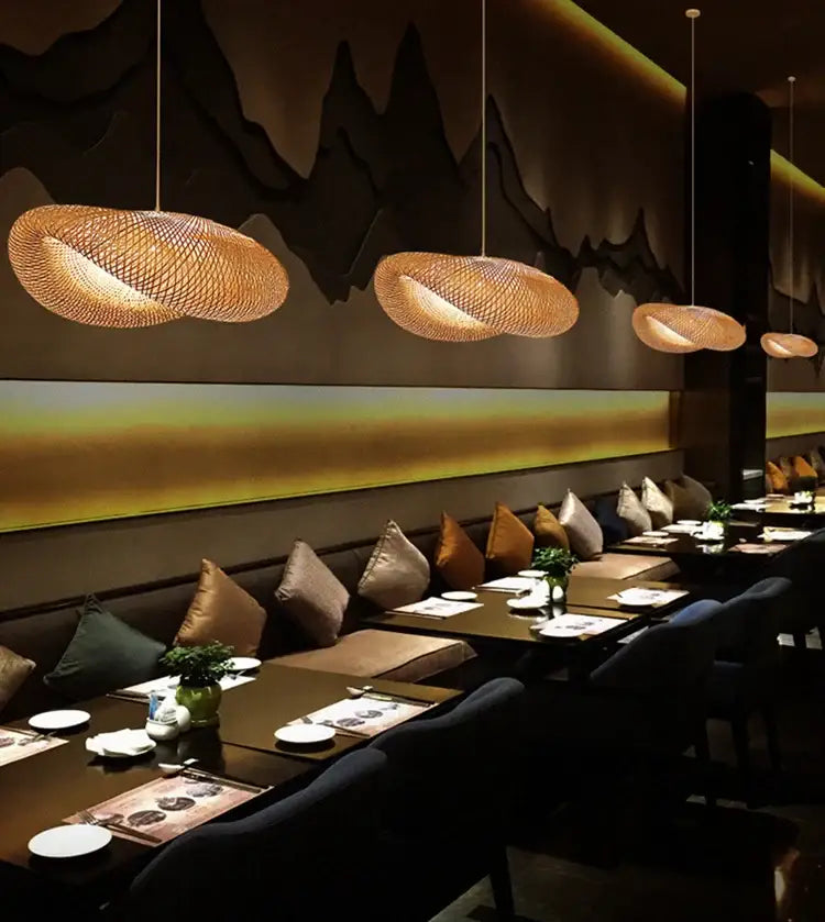 Boho natural bamboo pendant ceiling light dining room woven lamp