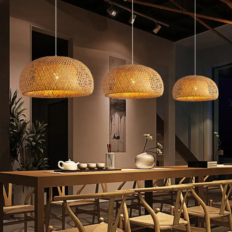 Hand-woven bamboo lantern pendant light – dining room dome chandelier
