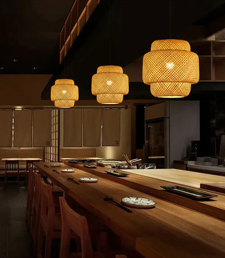 Hand-woven bamboo lantern pendant light – dining room dome chandelier
