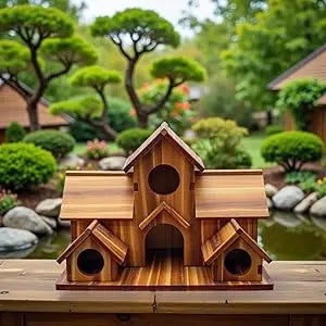 Rustic brown handmade 6-hole hanging bird house garden decor