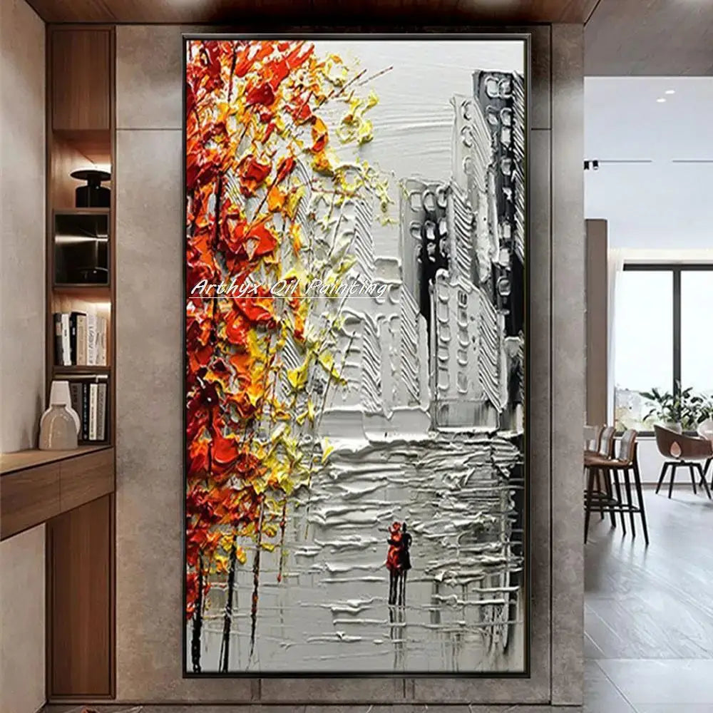Vibrant autumn city landscape oil painting living room wall art