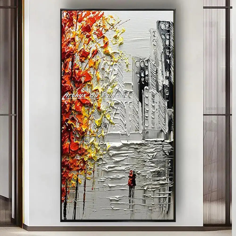 Vibrant autumn city landscape oil painting living room wall art