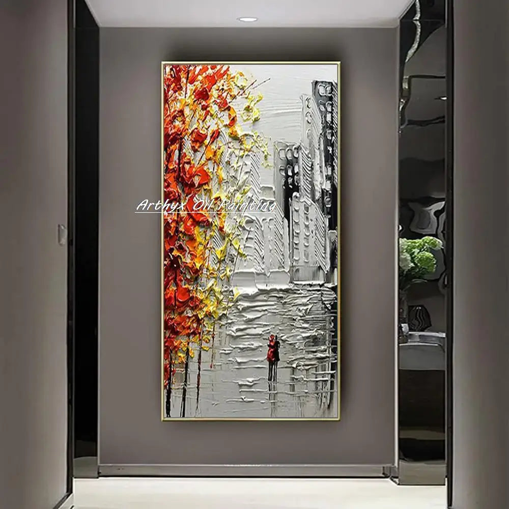 Vibrant autumn city landscape oil painting living room wall art