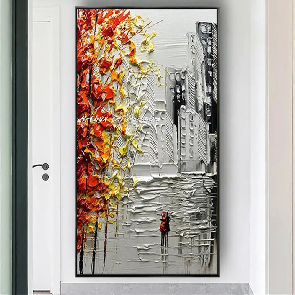 Vibrant autumn city landscape oil painting living room wall art