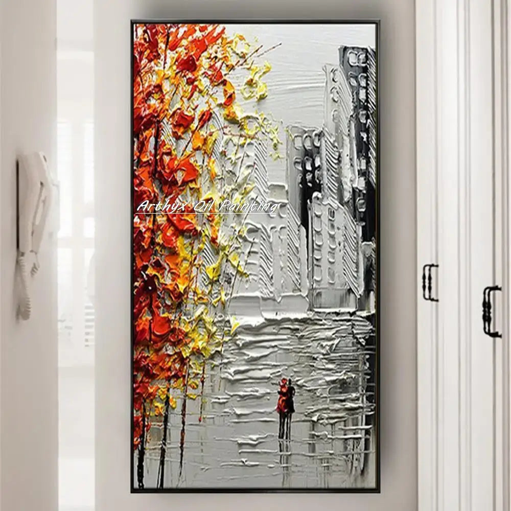 Vibrant autumn city landscape oil painting living room wall art
