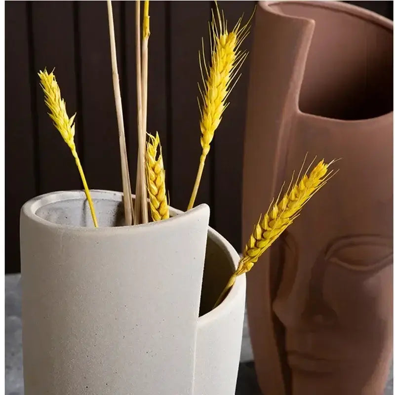 Handmade white ceramic face art vase sculpture living room decor