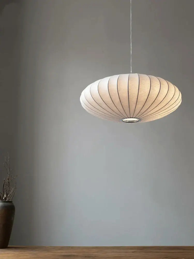 Japanese style silk chandelier – beige oval dining room pendant light