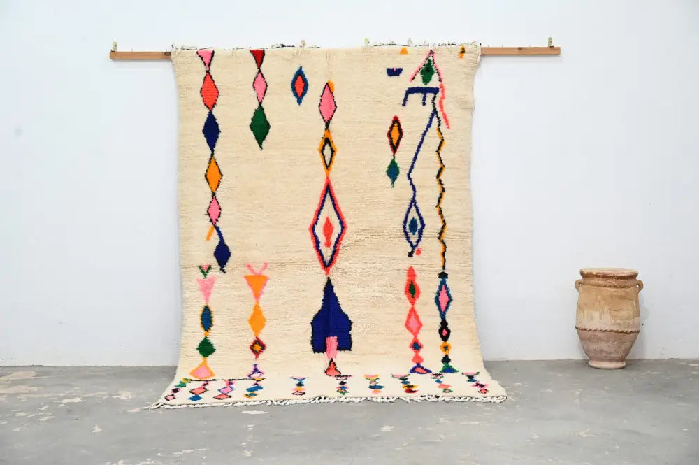 Handmade moroccan azilal carpet beige geometric rug for living room