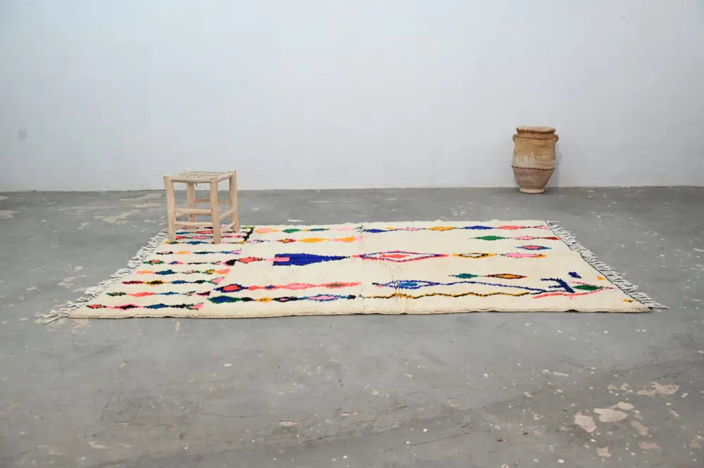 Handmade moroccan azilal carpet beige geometric rug for living room