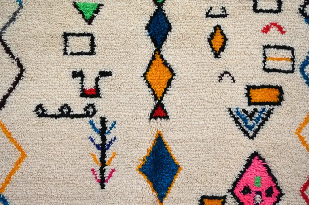 Handmade moroccan azilal rug beige colorful geometric living room