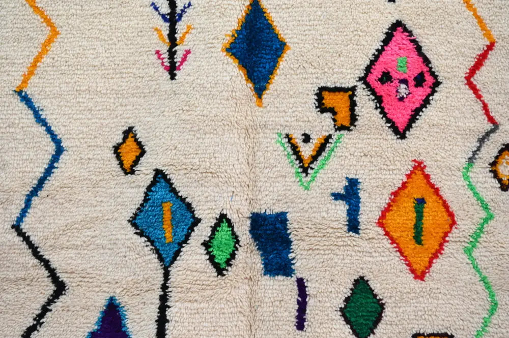 Handmade moroccan azilal rug beige colorful geometric living room
