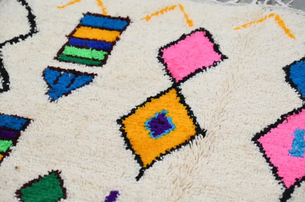 Handmade moroccan azilal rug beige colorful geometric living room