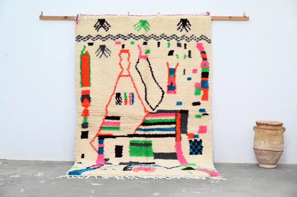 Handmade azilal rug with vibrant colors in natural wool living room