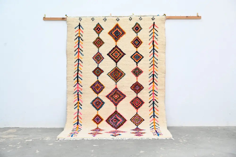 Handmade moroccan azilal rug beige vibrant colors living room decor