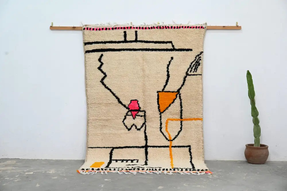 Handmade moroccan azilal rug beige geometric living room decor