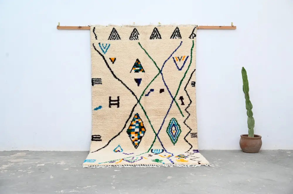 Handmade moroccan azilal rug beige geometric bedroom decor