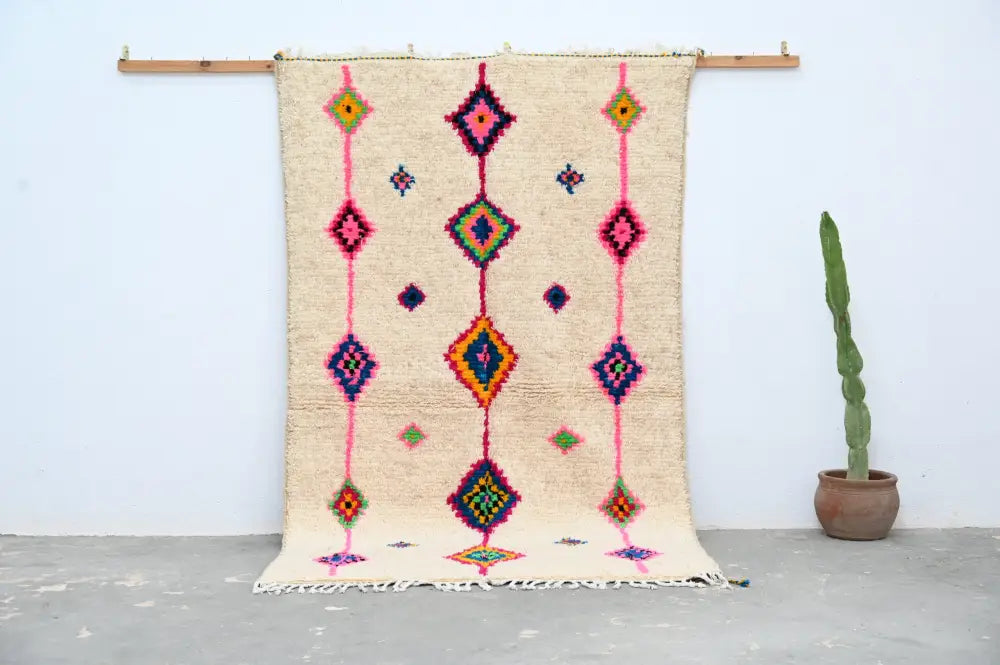 Handmade moroccan azilal rug beige colorful geometric bedroom decor