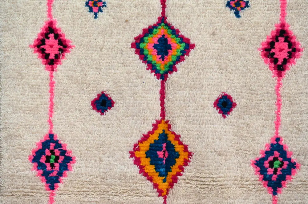 Handmade moroccan azilal rug beige colorful geometric bedroom decor