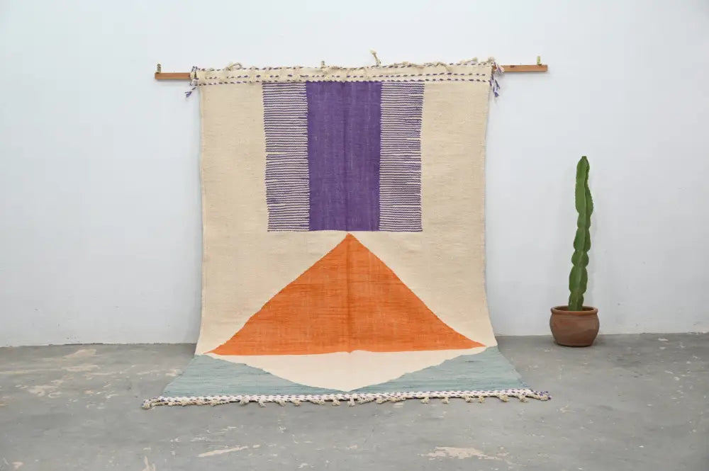 Handmade beige and purple azilal rug living room natural wool decor