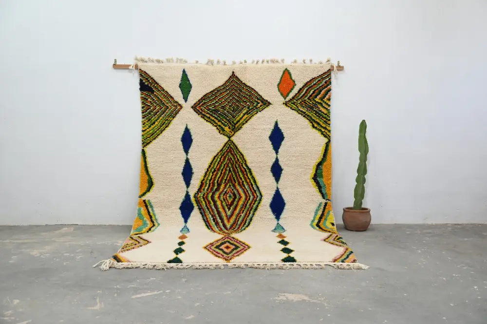 Handmade moroccan azilal rug beige geometric living room decor