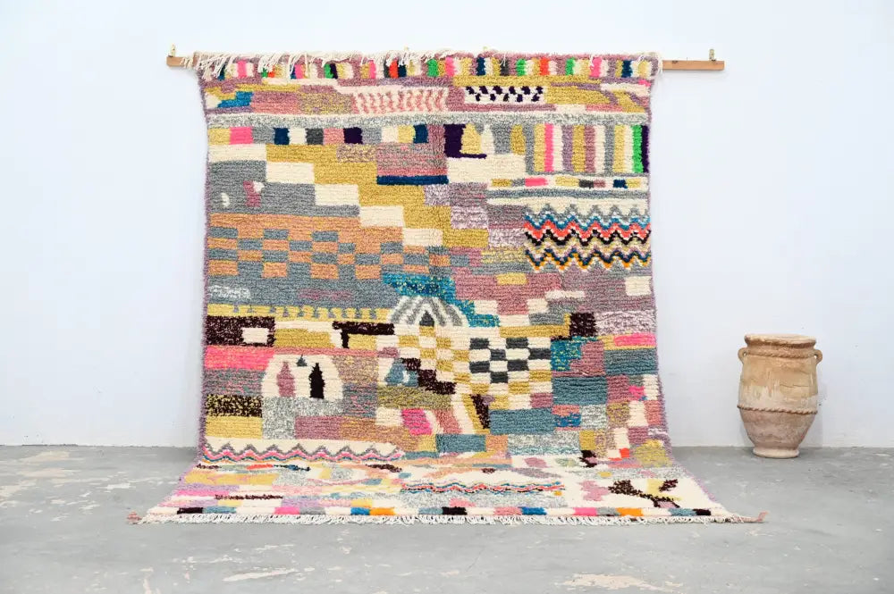 Handmade moroccan azilal rug earthy patchwork living room decor