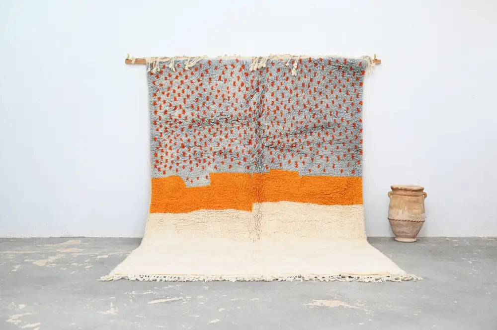 Handmade gray & orange moroccan azilal rug living room decor
