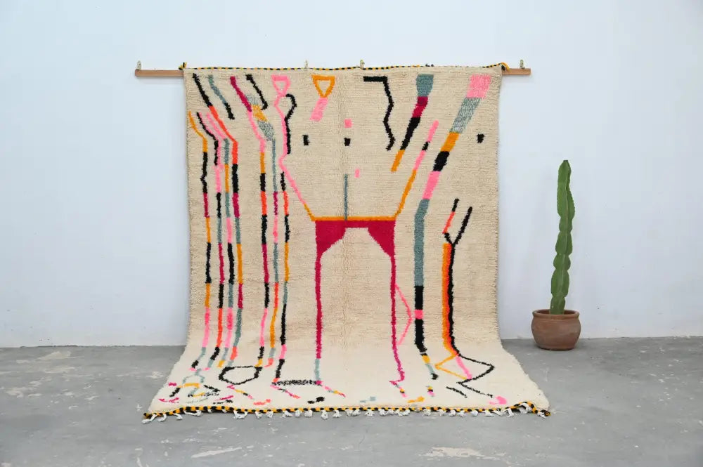 Handmade moroccan azilal rug beige abstract geometric bedroom decor