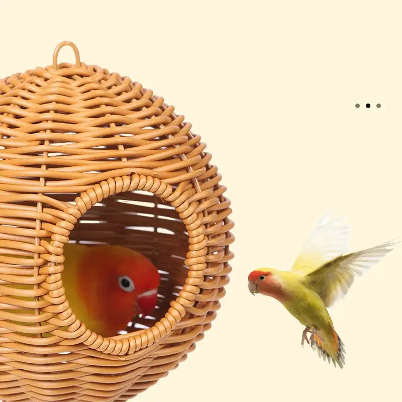 Handwoven grass bird cage hut with heart entrance for garden