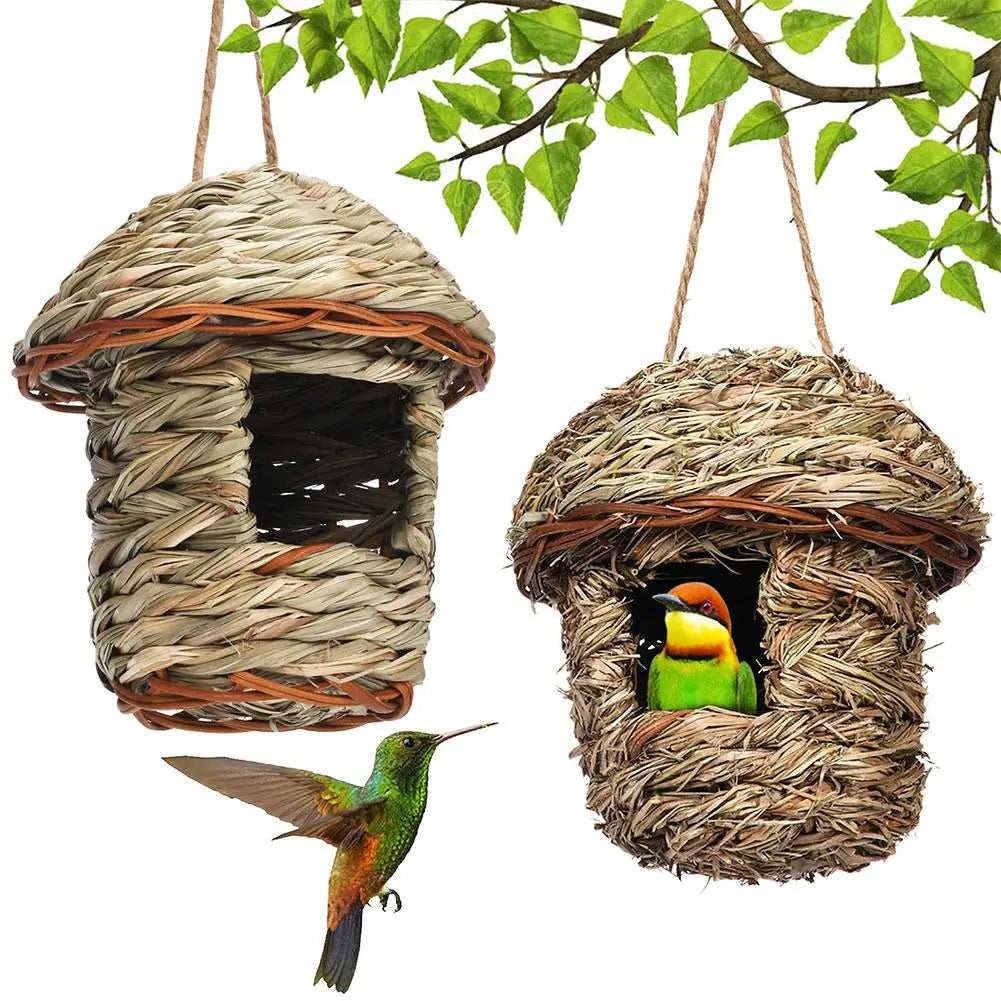 Handwoven straw bird nest with hanging rope for garden decor