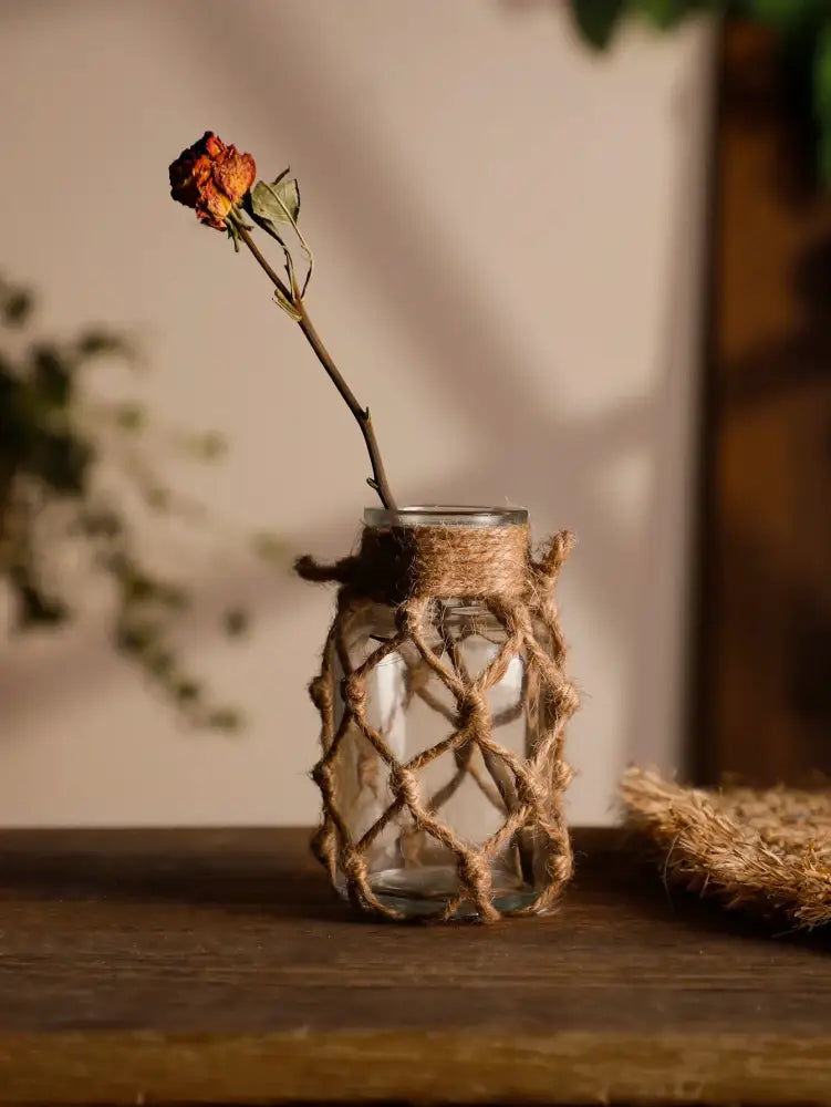 Rustic hanging glass vase with hemp rope twine netting – living room