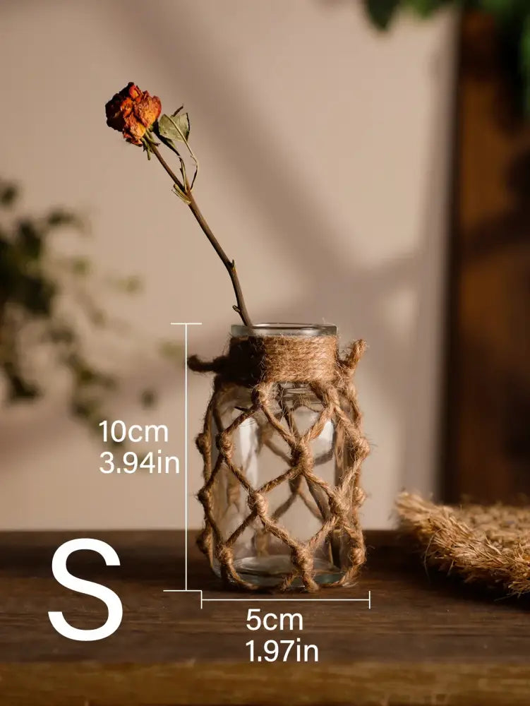 Rustic hanging glass vase with hemp rope twine netting – living room